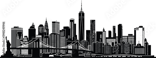 Black silhouette of New York City skyline with Statue of Liberty, Brooklyn Bridge and skyscrapers, modern urban cityscape illustration isolated on white background