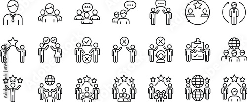 Social community and teamwork editable stroke icon set including communication, collaboration, leadership, partnership and global network symbols