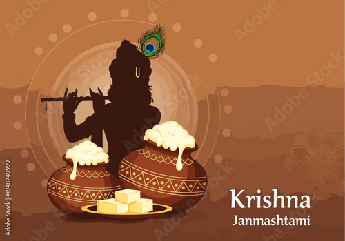 Krishna Janmashtami Celebration Vector Silhouette Flute Player Pots Full of Butter And Sweet Blocks Traditional Indian Festival Art