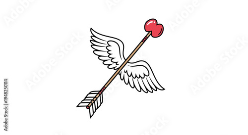Elegant vector illustration of a stylized flying arrow with beautiful feathered wings and a distinct red heart-shaped tip, embodying romance, affection, and passion