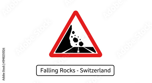 Roadside danger warning sign for falling rocks, indicating potential natural hazards on mountain routes and slopes, essential for driver safety awareness and travel precaution