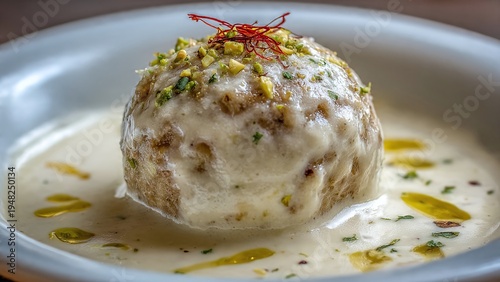 Kashmiri gushtaba – Large smooth meatball in creamy white yogurt gravy, macro close-up, Traditional Kashmiri meatball in velvety yogurt gravy, Asian recipe, Indian Cuisine