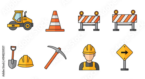 Vibrant vector icon collection showcasing essential construction site equipment, roadwork tools, safety barriers, and worker gear for urban development and building projects