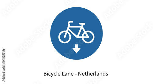 Vector illustration of a universally recognized blue circular road sign featuring a white bicycle and a downward arrow, denoting the entry or direction for a dedicated cycling lane