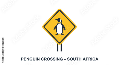 Graphic illustration of a yellow diamond road sign, clearly indicating a penguin crossing zone with a black penguin silhouette, promoting wildlife and driver safety