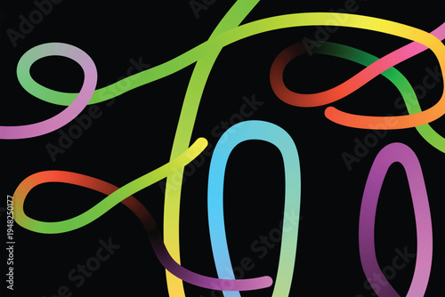 Glowing neon tubing in various colors on black background