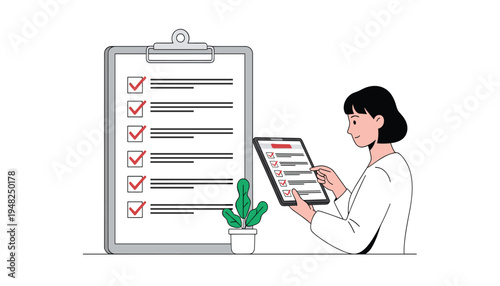 Woman reviewing checklists on clipboard and tablet with potted plant nearby