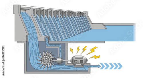Detailed diagram illustrating the process of hydroelectric power generation, showcasing how a dam harnesses water flow to drive turbines and generators for clean, renewable electricity production