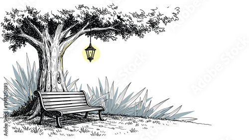 Peaceful park scene featuring a wooden bench under a large leafy tree with a glowing vintage lantern hanging in the dark.