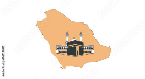 Stylized map outline of Saudi Arabia featuring the iconic Kaaba and Grand Mosque in Mecca, symbolizing Islamic pilgrimage and profound religious heritage of the Arabian nation