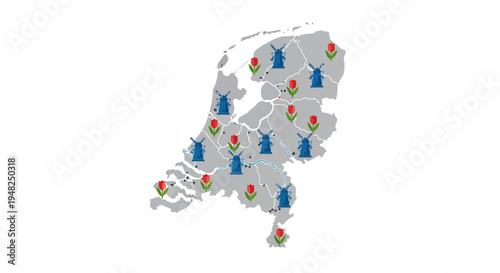 Illustrated map of the Netherlands showcasing iconic windmills and vibrant tulips, representing the country's rich culture and famous landmarks for travel and tourism concepts