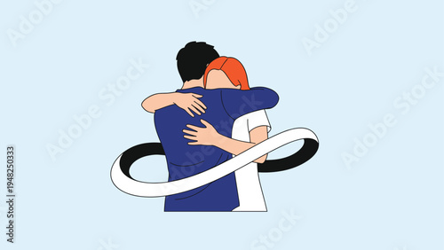 Romantic illustration of a couple embracing with a white infinity loop symbolizing eternal love and deep connection.