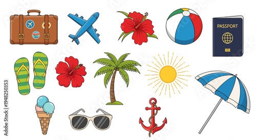 A diverse assortment of summer holiday and travel essentials, featuring vibrant illustrations of beach accessories, tropical icons, and vacation trip elements for creative projects