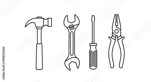 Collection of essential hand tools including hammer, wrench, screwdriver, and pliers, depicted as clean outline icons, perfect for repair, maintenance, and DIY projects