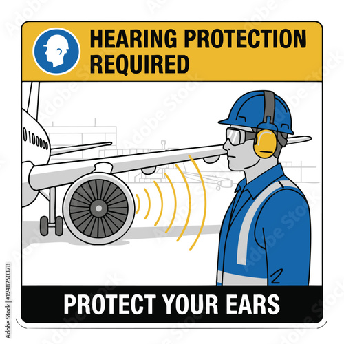 Airport worker with ear protection near airplane jet