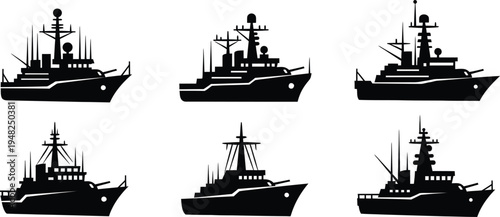 Collection of six different naval vessel silhouettes