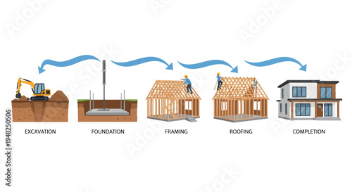 Step-by-step residential house construction process from initial excavation and foundation pouring to framing, roofing, and final completion of a modern home