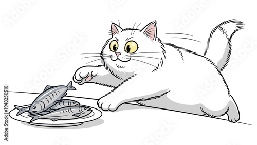 Playful white fluffy cat reaching out with its paw to steal silver fish from a white plate on a simple background.
