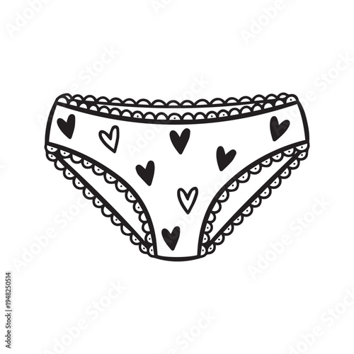Women's panties underwear with heart pattern line art black and white drawing
