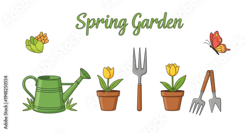 Colorful illustration of spring gardening essentials, featuring a watering can, blooming tulips, and various tools for planting and outdoor hobbies