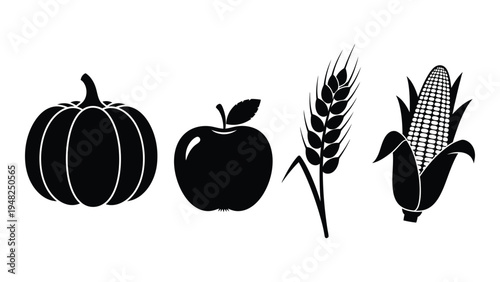 Harvest season icons featuring pumpkin, apple, wheat, and corn illustrations