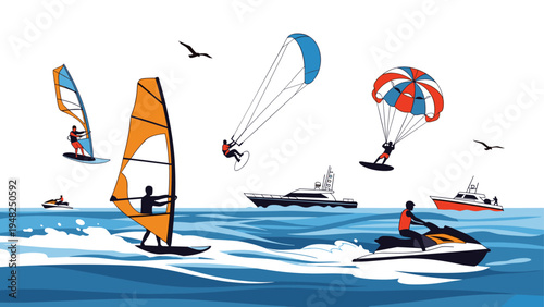 Group of people enjoying various water sports like windsurfing, kitesurfing, and jet skiing on a wavy blue ocean.