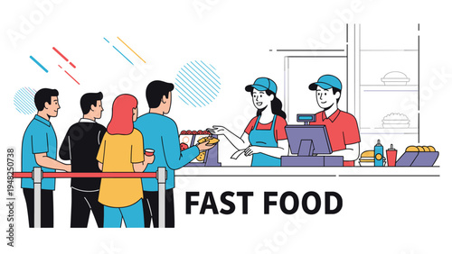 Busy fast food restaurant counter with employees in uniforms serving a line of customers waiting to buy lunch.