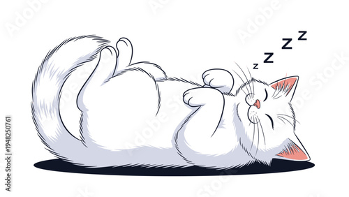 Adorable white fluffy cat sleeping peacefully on its back while dreaming with cute letter z symbols above its head.
