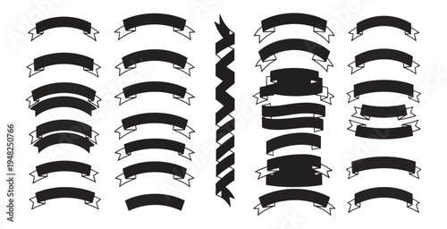 Collection of black banners and ribbons on dark background