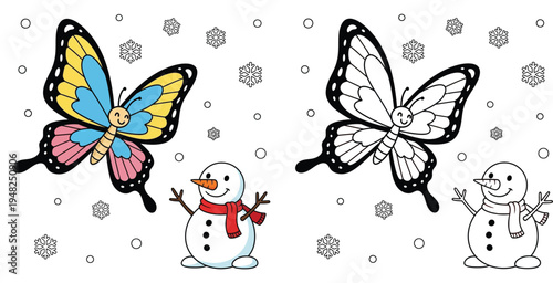 Cute winter butterfly and snowman with snowflakes coloring page illustration color and black outline