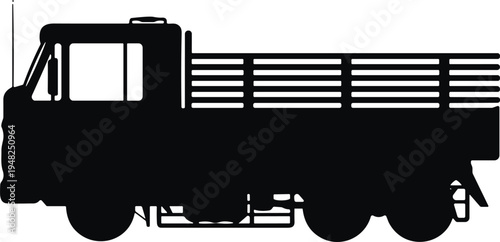 Black cargo truck silhouette side view isolated on white background, heavy duty transport vehicle illustration, logistics delivery concept, industrial freight transportation graphic icon