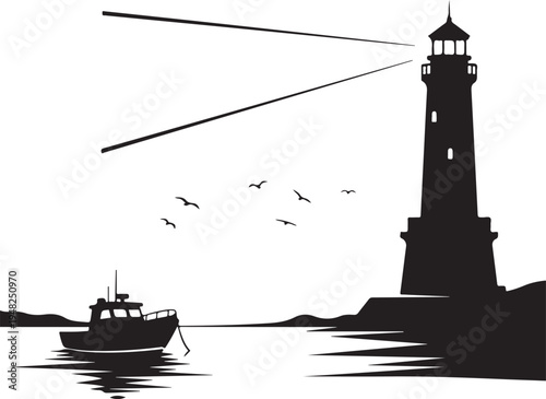 Black silhouette lighthouse vector with boat and birds