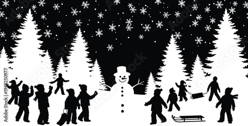 Black and white of children playing in snow with snowman and trees winter