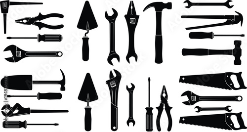 Black and white of various hand tools silhouettes wrenches
