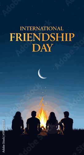 International Friendship Day celebration with friends sitting around a campfire under a starry night sky with a crescent moon