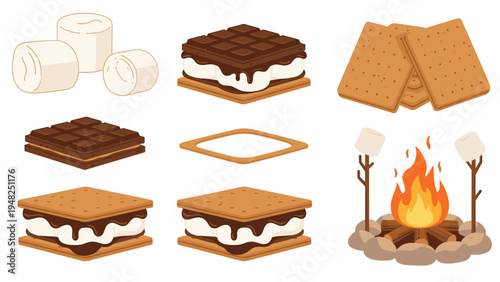 Variety of s'mores components including marshmallows, chocolate bars, and graham crackers near a campfire illustration.
