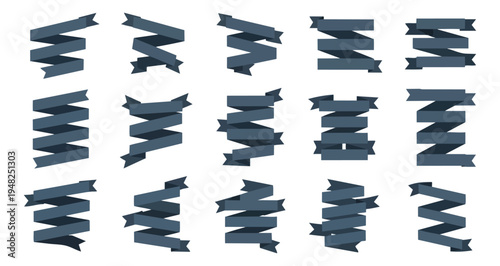 Set of blue ribbons with varied designs and angles on black background