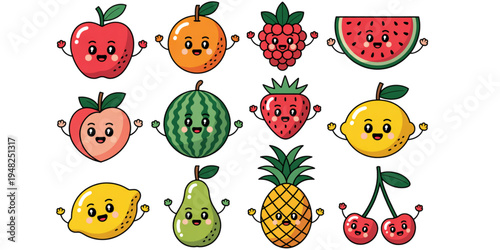 A colorful vector illustration of various cartoon fruits with smiling faces