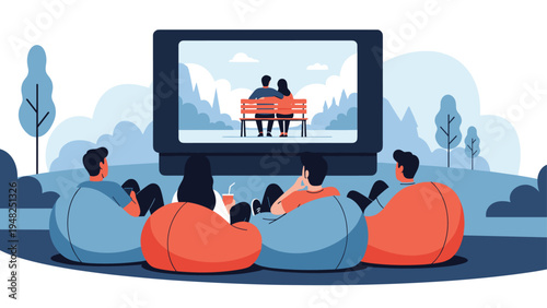 Group of friends sitting on comfortable beanbag chairs while watching a movie on a large outdoor screen at night.