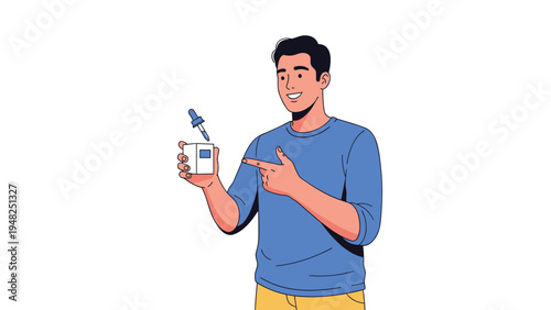 Smiling man holding a small dropper bottle and a white product box while pointing at it for a health advertisement.