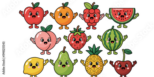 A colorful illustration of cartoon fruits with smiling faces and arms, arranged in rows on a white background.