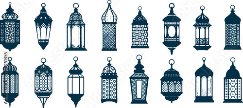 Collection of traditional Ramadan lantern silhouettes Arabic Islamic decorative hanging lamps set ornate vintage lantern vector illustration isolated on white background for Ramadan and Eid design