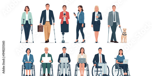 A diverse group of people with disabilities in a modern business setting as a vector graphic illustration