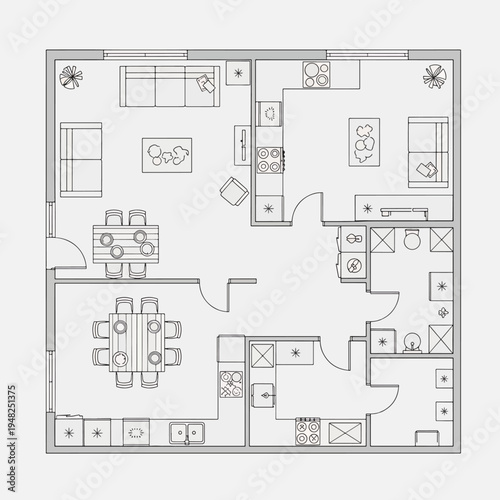 Interior Floor Plan of a Modern Apartment Layout with Living Room, Kitchen, Dining Areas, and Bedrooms