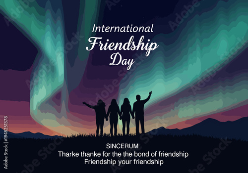 International Friendship Day Celebration Silhouette of Friends Under the Northern Lights Aurora Borealis Sky