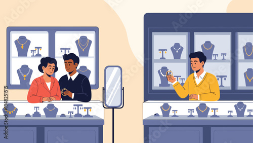 Customers browsing through a luxury jewelry store while a clerk helps them choose from expensive rings and necklaces.