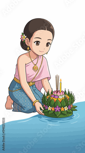 This illustration beautifully depicts a girl participating in the Loy Krathong festival, releasing a decorative floating lantern onto water, signifying hope and celebration.