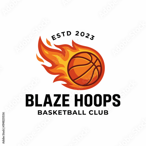 Fotografi A vibrant logo representing Blaze Hoops Basketball Club, featuring a flaming basketball that embodies energy, passion, and a commitment to the sport of basketball