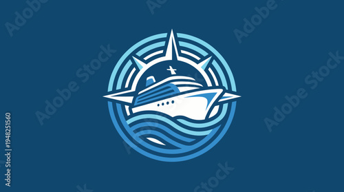 A beautifully crafted logo featuring a modern ship design, adorned with a compass and waves, symbolizing adventure and exploration on open water.