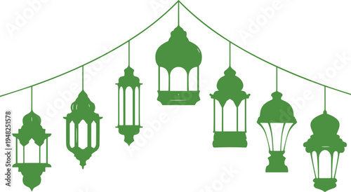Green Ramadan lantern garland silhouette hanging Arabic Islamic decorative lamps festive decoration vector illustration isolated on white background for Ramadan Kareem and Eid celebration design